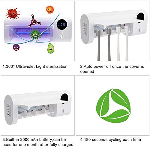 Vinkki UV Toothbrush Sanitizer Wall Mounted Bathroom LED UV Toothbrush Holder Toothbrush Organizer 2000mAh Charging Timing Function 4 Slots for Family Ladies Men Baby Kids Bathroom