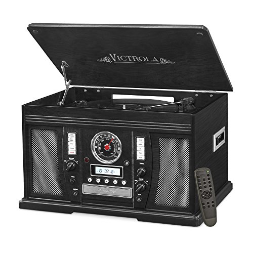 Victrola Nostalgic Aviator Wood 7-in-1 Bluetooth Turntable Entertainment Center, Black