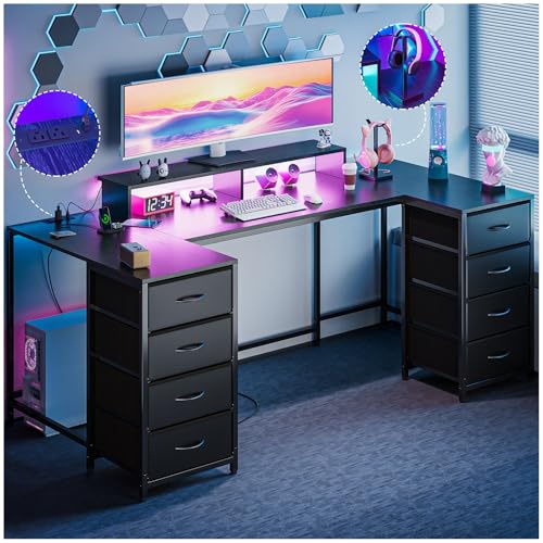 Simple Wisdom Escritorio Gamer,Escritorio Minimalista,El Escritorios Viene con un Cajón de Tela,una Regleta de Enchufes,una Regleta Luces, un Soporte Para Monitor y un Soporte Para Auriculares (Negro)