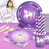 UNICORN BIRTHDAY PARTY SUPPLIES by The Party Emporium – Pink + Purple Themed Tableware ECO FRIENDLY Paper Plates - Cups - Napkins - Wooden Cutlery - Paper Straws - Serves 16 Guests - FREE BONUS Fun Unicorn Name Game