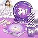 UNICORN BIRTHDAY PARTY SUPPLIES by The Party Emporium - Pink + Purple Themed Tableware ECO FRIENDLY Paper Plates - Cups - Napkins - Wooden Cutlery - Paper Straws - Serves 16 Guests - FREE BONUS Fun Unicorn Name Game