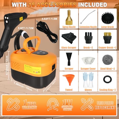 15-IN-1 Steam Cleaner Handheld【2800W Powerful Motor】【6 Level Pressure Steam - 4 BAR High Pressure】with Handle Control Button Cleaner for Household, Car, Kitchen - Orange