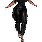 WDIRARA Women's Plus Size Ruffle Skinny Pants Faux Leather High Waisted Stretchy Pants