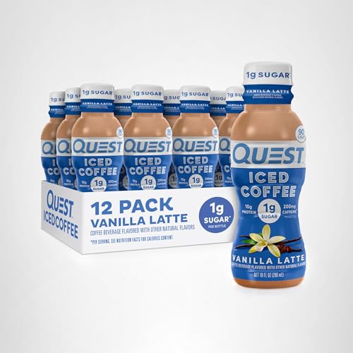 QUEST NUTRITION ICED COFFEE, VANILLA LATTE, 1G OF SUGAR, 10G OF PROTEIN, 90 CALORIES, 200MG OF CAFFEINE, 4 COUNT