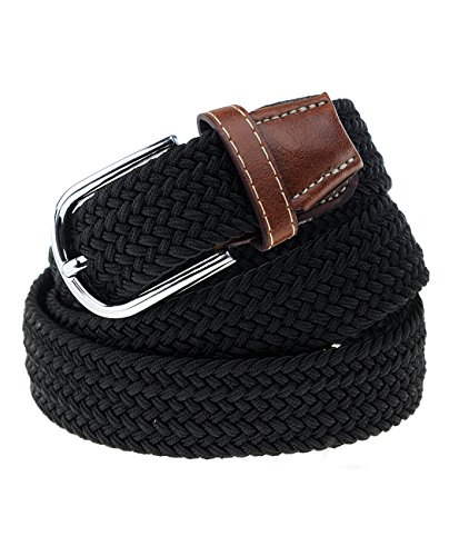 NYFASHION101 Rounded Metal Buckle Brown Inlay Elastic Braided Woven Stretch Belt, Black - XL