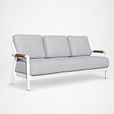 Outdoor Couch Elementi Santorini Patio Sofa, 3 Seat Outdoor Furniture Sofa with Aluminum Teak Rope Frame and Sunbrella Natt&eacute; Grey Chin&eacute; Cushions, White, 81.9 x 32.7 x 31.5 in