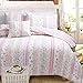 Cozy Line Home Fashions Pink Flower Lace Ruffle Stripe Shabby Chic Girl 100% Cotton Reversible Quilt Bedding Set, Coverlet, Bedspread (Pink Lace, Queen - 3 Piece: 1 Quilt + 2 Shams)