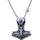 Viking Raven Skull Necklace, Stainless Steel Odin Raven Pendant, Norse Thor Hammer Mjolnir Amulet Jewelry Gift for Men