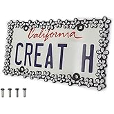 Creathome 3D Shining Daisy Wrenth License Plate Frame from Pure Zinc Alloy Metal Perfect Plate Holder,Matt Black with Silver Glitter