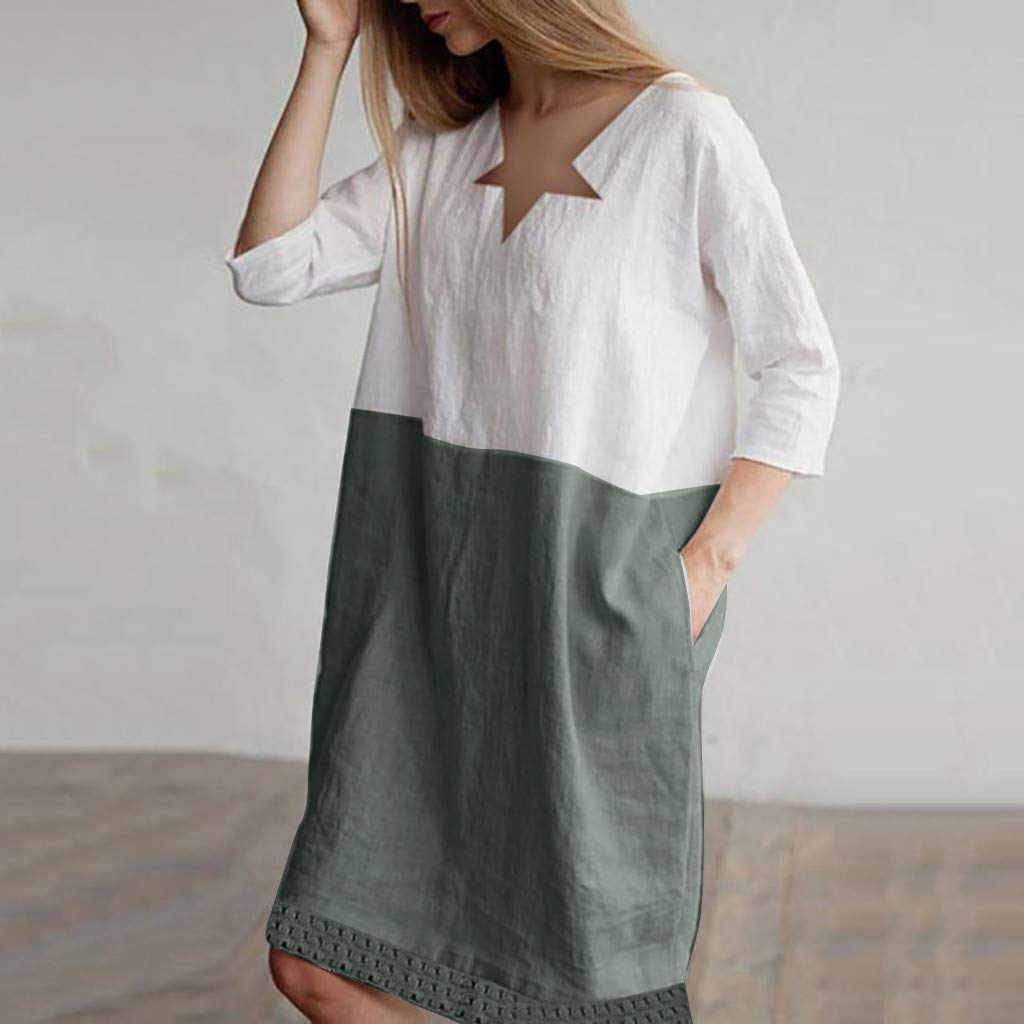POTO Women Dresses, Loose Color Stitching Casual Dresses with Pockets Cotton Linen Tunic Dress Party Dress Beach Dress