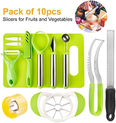 Slicers for Fruits and Vegetables - 10pcs UCCHI Multipurpose Cheese Grater &amp; Lemon Zester, Melon Baller &amp; Cutter, Corn Stripper, Carving Knife, Seed Remover, Fruit Peeler, Apple wedger &amp; Cutting Board