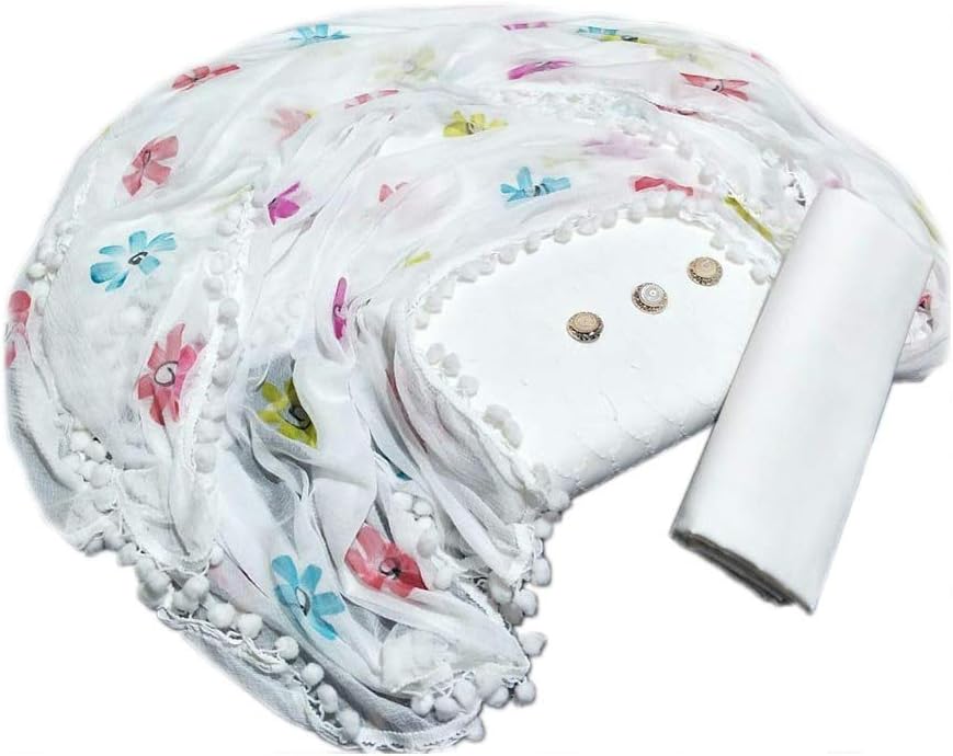 Roops Womens Chicken Cotton Salwar Suit Unstitched Dress Material With Printed Chiffon Dupatta (White|Free Size)
