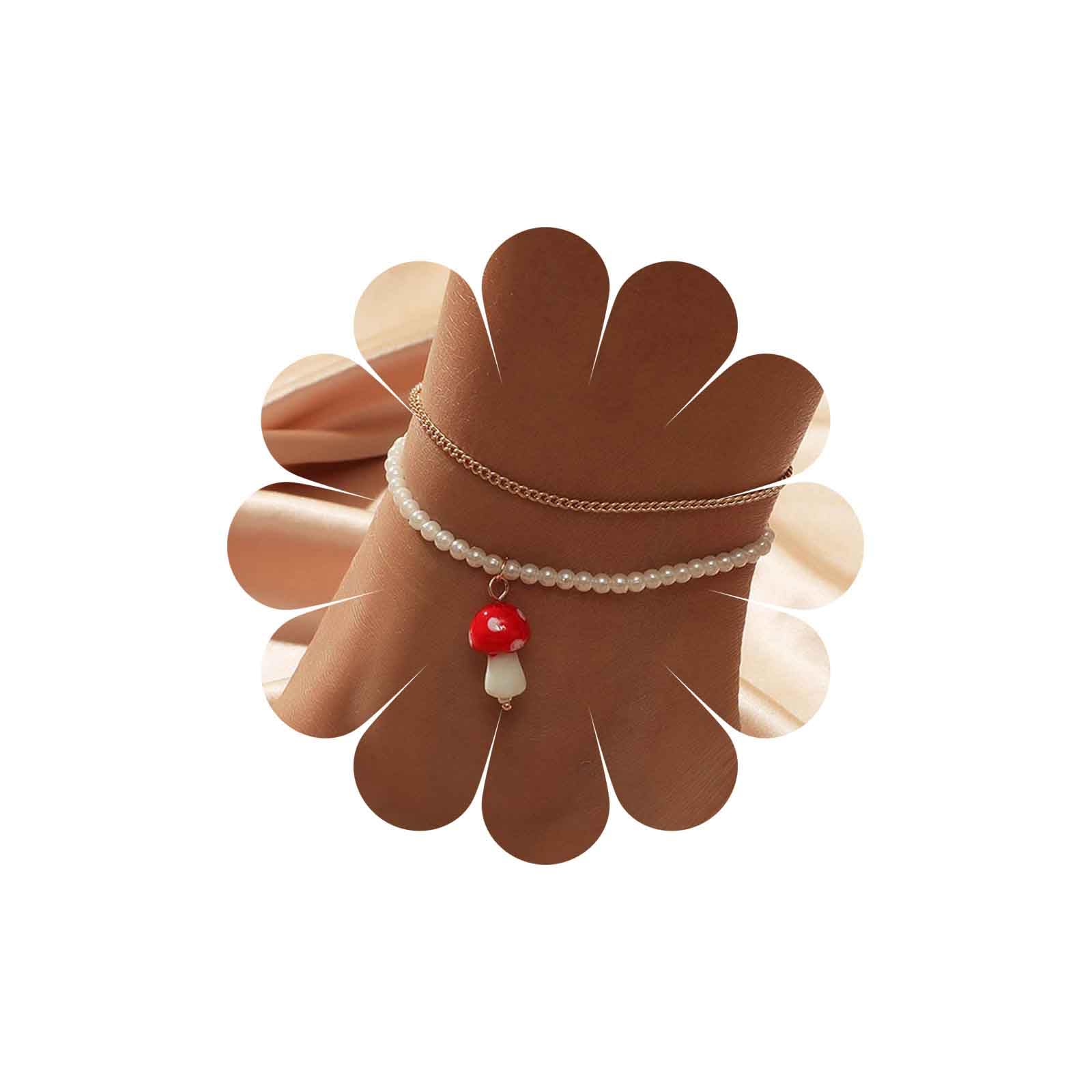 Inateannal Bohemian Pearl Beaded Anklet Personality Mushroom Pendant Ankle Chains 2Pcs Summer Beach Ankle Bracelet Body Jewelry for Women