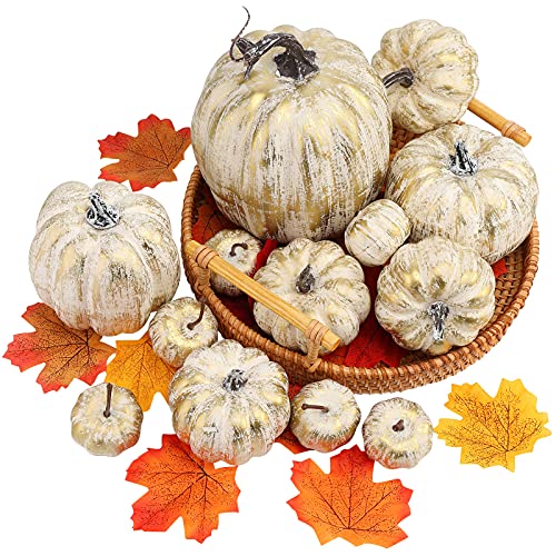 DomeStar Artificial Pumpkins, 14PCS Golden Fake Pumpkins Fall Harvest Pumpkins Small Faux Golden Pumpkins for Halloween Thanksgiving Decorations