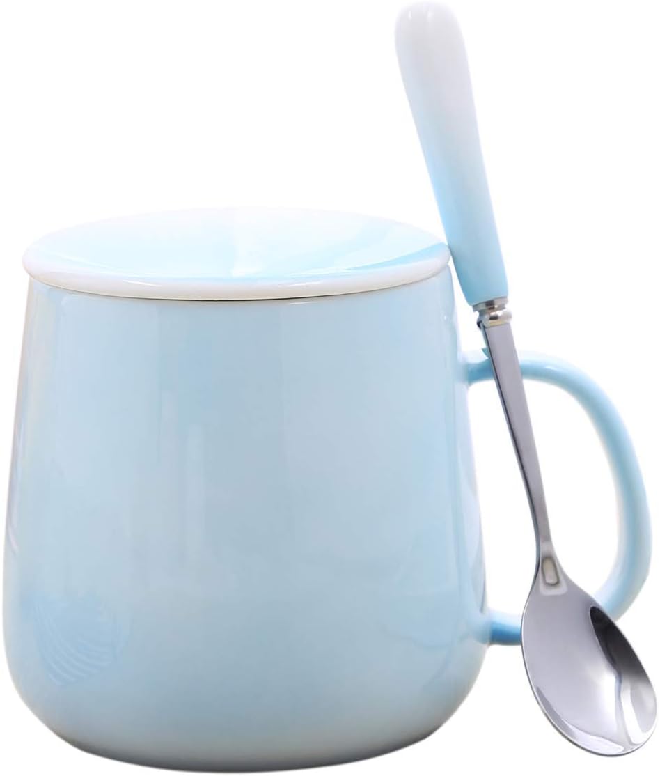 UPSTYLE 13oz Cute Gradient Color Ceramic Coffee Mug with Lid and Spoon Pretty Bone China The Office Cup to go Reusable Pottery Travel Tumbler for Tea/Water/Milk(13oz Blue)
