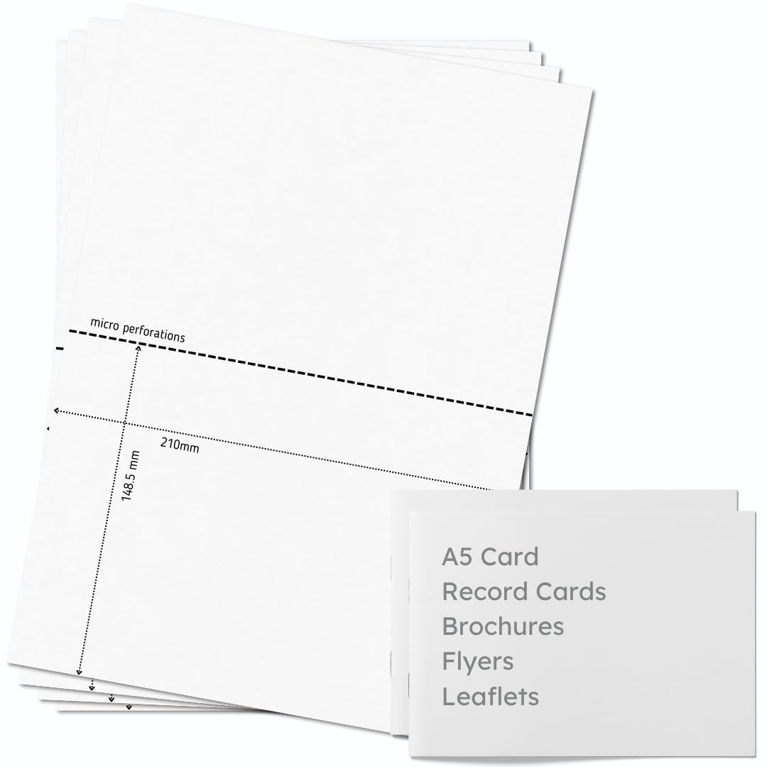 OfficeGear A5 Record Cards Bulk Pack [110 Sheets - 220 Cards] 2-up Perforated Custom Printable Cards for Flyers Invitations Menus - 210x148mm White A4 70gsm incl Design Template