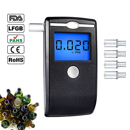 Breathalyzer, Portable Digital Breath Alcohol Tester LED Screen with 5 Mouthpieces for Home Use (Black)