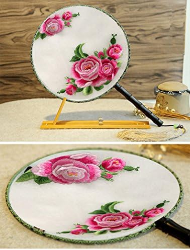 3D Lifelike A Piece of Red Peony Flower Double Side Embroidery Silk Hand Fan