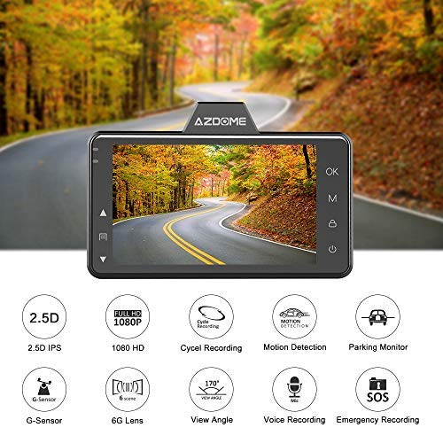 AZDOME Mini Dash Cam 3 inch 2.5D IPS Screen Dashboard Car Camera 1080P FHD Driving Recorder with 170° Wide Angle, G Sensor, Parking Monitor, Loop Recording, Motion Detection