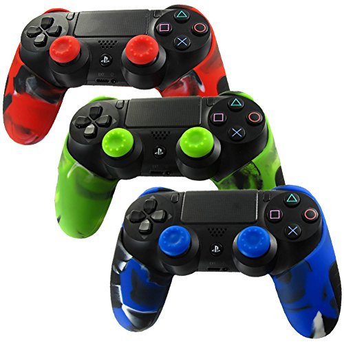 Pandaren Soft Silicone Thicker Half Skin Cover for PS4 /SLIM /PRO Controller Set (Skin X 3 + Thumb Grip X 6)(Camouflage Red,Blue,Green)