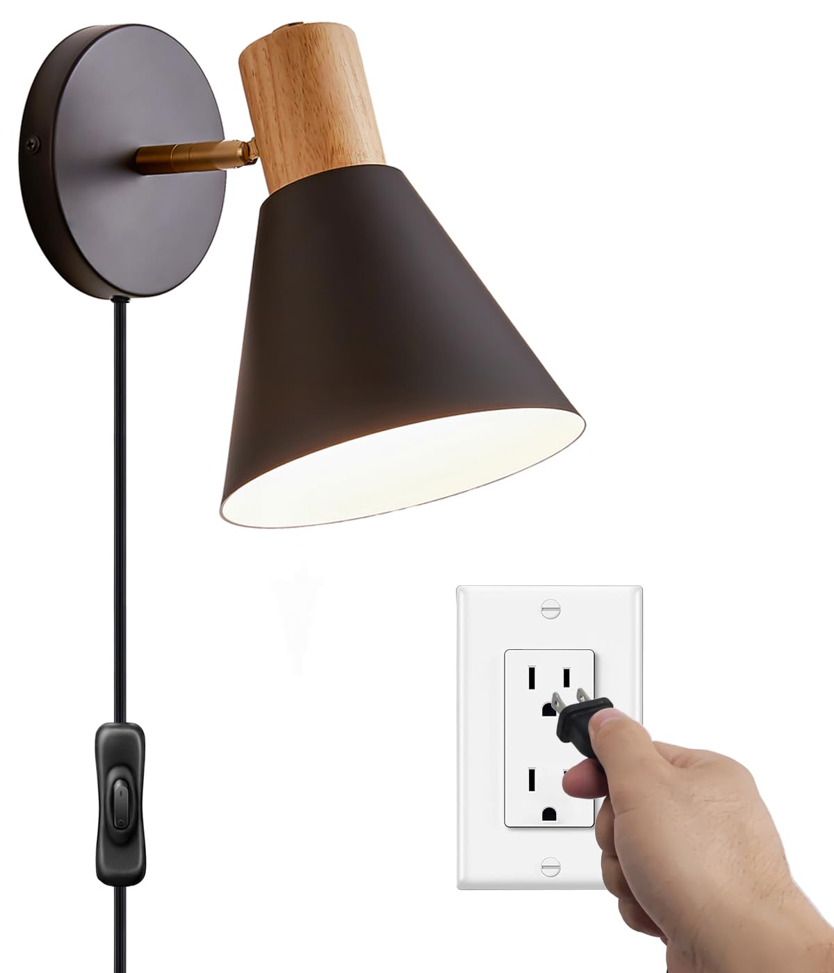 Photo 1 of Vechoicy Wall Sconces Lighting Fixture, Wooden Adjustable Bedside Wall lamp for Industrial Bedroom, Bathroom Sink Lighting (Plug-in Black, 1)