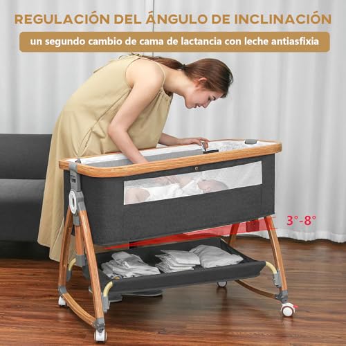 Muja Cuna Multifuncional, Colecho para Padres, Cuna con Mosquitero, Portátil, Ajustable, Convertible a Mecedora, Rueda Silenciosa, Cesta de Almacenamiento(Gris Oscuro)