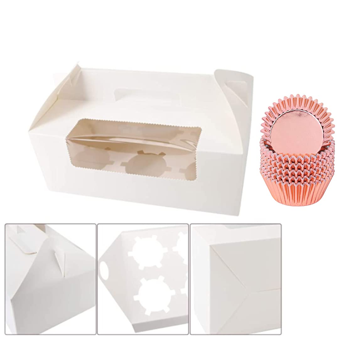 20 Pcs of 6 Holes Cupcake Boxes & 100 Pcs of Metallic Rose Gold Cupcake Cases