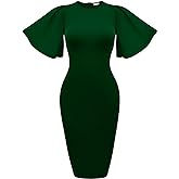Memoriesea Women's Basic Bodycon Ruffle Flared Short Sleeve Pencil Midi Dress