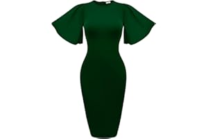 Memoriesea Women's Basic Bodycon Ruffle Flared Short Sleeve Pencil Midi Dress
