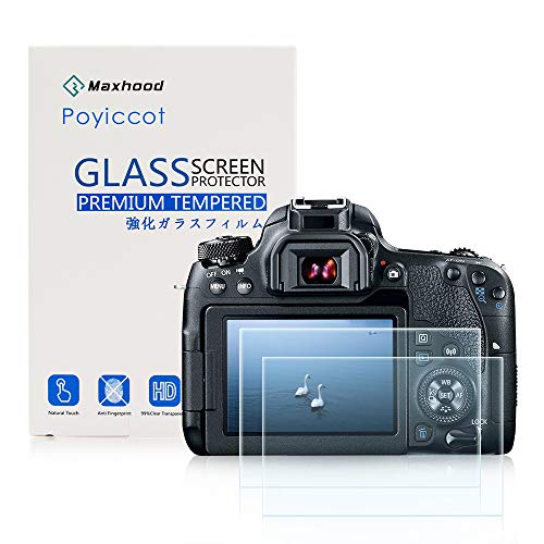 (2-Pack) Canon EOS 77D Tempered Glass Screen Protector, Poyiccot Optical 9H Hardness 0.3mm Ultra-Thin DSLR Camera Tempered Glass with Top LCD PET Screen Protector Film for Canon 77D