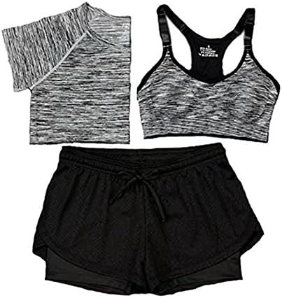 Women Bra T-shirt Sports 3 Piece Sets Running Sports Yoga Gym Outfit Workout Athletic Suit Set (L, Gray)