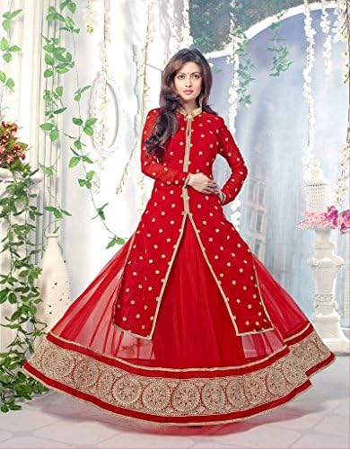 Fab Menia Women's Elegant Designer Georgette Anarkali Dress With Koti Free Size Red