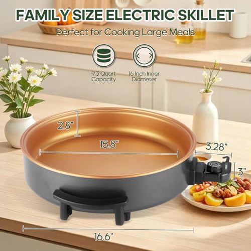 MIOAOTCE 16" Extra Large Electric Skillet with lid, Ceramic Nonstick Coating Electric Frying Pan, 1500W Quick & Even Heating, 5 Adjustable Temperature Control, Tempered Glass Lid & Cool-Touch Handles