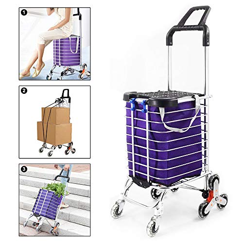 Besthls Folding Shopping Cart for Groceries, Stair Climbing Grocery Carts with Cover (Can Sit), Heavy Duty Transit Utility Cart with Rolling Swivel Wheels and Length Handle, 177 Pounds Capacity