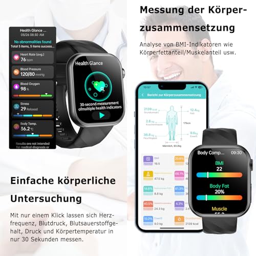 2026 Neu Smartwatch EKG+HRV/Blutdruckmessung/Harnsäure/BMI Herren Damen 1,97"AMOLED Gesundheitsuhr mit Telefonfunktion 24H Herzfrequenz Blutdruck Körpertemperatur SpO2, Schlaf-Monitor Fitnessuhr