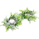 Candle Rings 3" Center Eucalyptus Candle Ring Artificial Mini Wreath Pillar Candle Holder Twig Spring Candle Wreaths for LED Candles Birthday Wedding Dinning Party or Easter Fireplace Decor (2, Green)