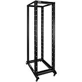 NavePoint 42U Server Rack, 4-Post Open Frame Rack for 19" Networking Equipment, 1000mm, Stationary/Casters, Black Steel, Max Weight Capacity 881 Lbs