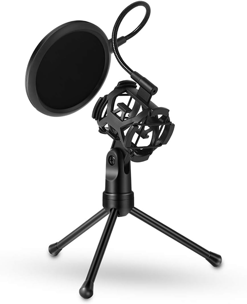 Vilihy Desktop Microphone Tripod Stand, Shock Mount Desk Mic Holder with Pop Filter Net for Podcast Chatting Meeting Live Lecture