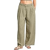 Amazhiyu Women's 100% Linen Plant-Dyed Summer Mid-Rise Wide Leg Pants with Pockets
