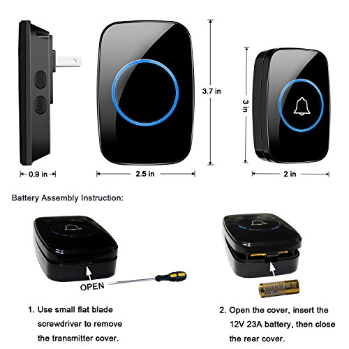 Wireless Doorbell, FullHouse Waterproof Door Chime Kit Includes Push Button Transmitter and Plug-In Receiver, Over 1000 feet Range, CD Quality Sound and LED Flash (2 Transmitter + 3 Receiver Black) - Thumbnail 3