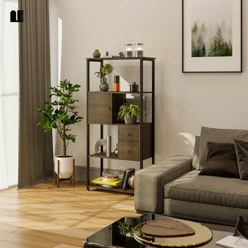 MUBSON Estante Organizador de 4 Repisas con Cajones Organizadores para Sala, Recamara o Estudio. Librero Minimalista Greto con Altura de 158 cm. Estanteria. Bookshelf Decor. Shelf Organizer
