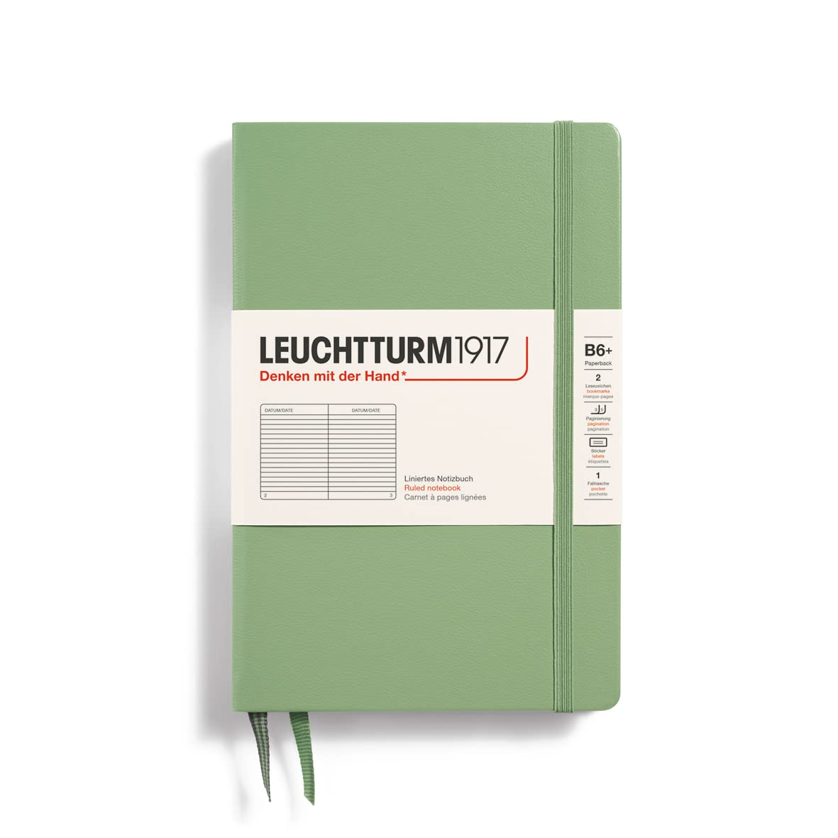 LEUCHTTURM1917 368504 Notebook Paperback (B6+), Hardcover, 219 Numbered Pages, Sage, Ruled