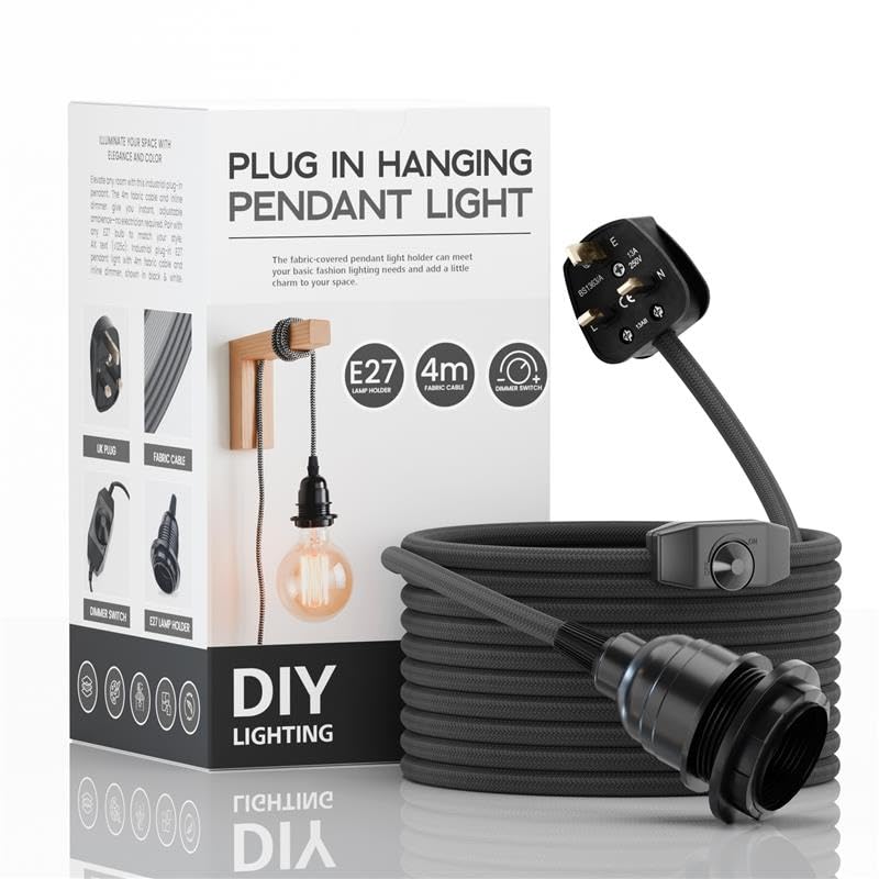 LEDSone Industrial Hanging Pendant Light with Plug-in, E27 Suspended Lamp Holder, 4m Fabric Flexible Cable with Dimmer Switch for Ceiling Hanging Lights (Black)