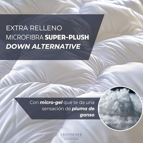 Landmark Collection - Cubre Colchon de Microfibra con Relleno Extra Sensacion de Plumas | 100% Down Alternative | Colchoneta de Calidad Hotel de Lujo (Blanco, Queen)