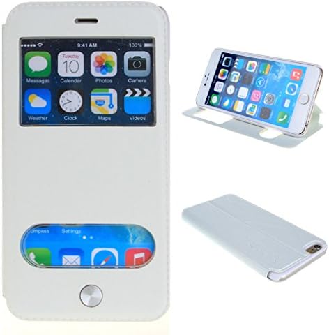 For iPhone 6 (4.7) Case, Fernando Zou Luxury Case for Apple iPhone 6 4.7 Inch Ultra Thin [ Touch Series ] Dual Window View Hybrid PU Leather and PC Folio Flip Stand Case Cover + Film + 24K Radiation Paste [ White ]