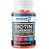 INVIGOR8 Biotin Gummies 10000mcg | Hair Skin Nails Vitamins Biotin Supplement for Women Men &amp; Kids 5000mcg x2 | Vegan Kosher Halal | Strawberry Flavor | 60