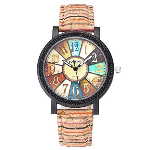 Top Plaza Women Vintage Retro Compass Red Black Purple Stripe Wooden Like PU Leather Strap Analog Quartz Wrist Watch