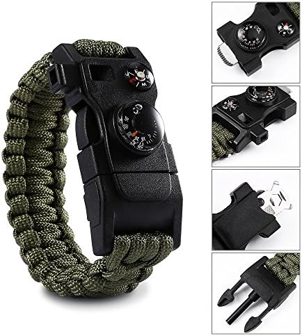 Paracord Bracelets with Thermometer, Mini Multitool Card, Fire Starter, Whistle and Compass, a Perfect Tactical Survival Gear for Camping, Hiking, Fishing and More (Green)