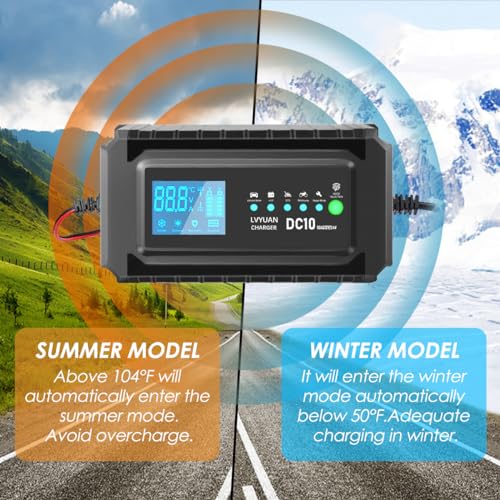 Intelligent Battery Charger 10A 12V/24V for Car and Motorcycle – Automatic LCD Charger, Winter/Summer Mode, Multiple Protection and Repair Function, for AGM, EFB, Gel Lead-Acid Batteries