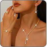 IS4U Sparkling Rhinestone Jewelry Set for Women Elegant Crystal Zircon Necklace Ring Earrings Bracelet Bridal Wedding Prom Party Fashion Jewelry